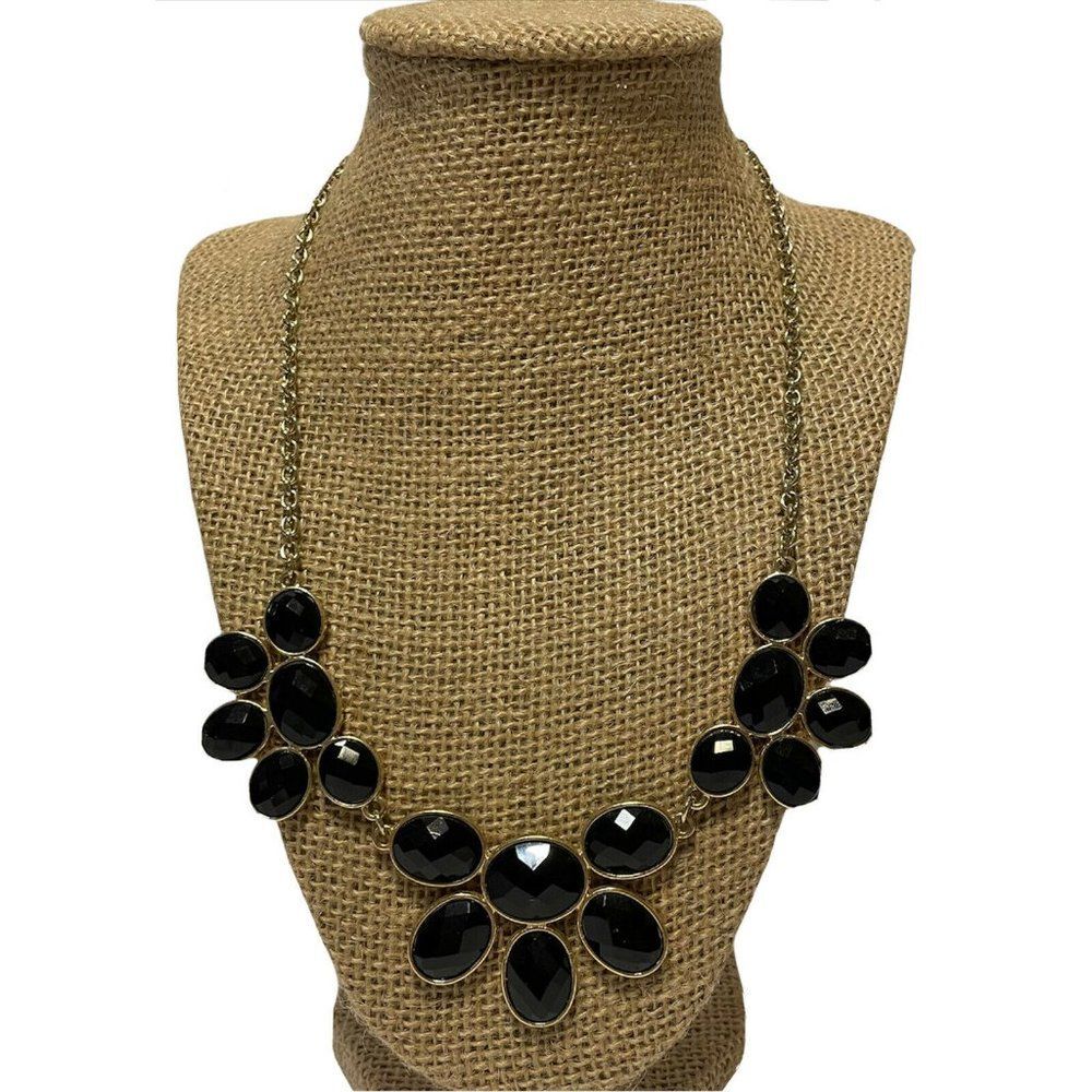 16-20 “ Multi faceted black floral gold tone statement necklace